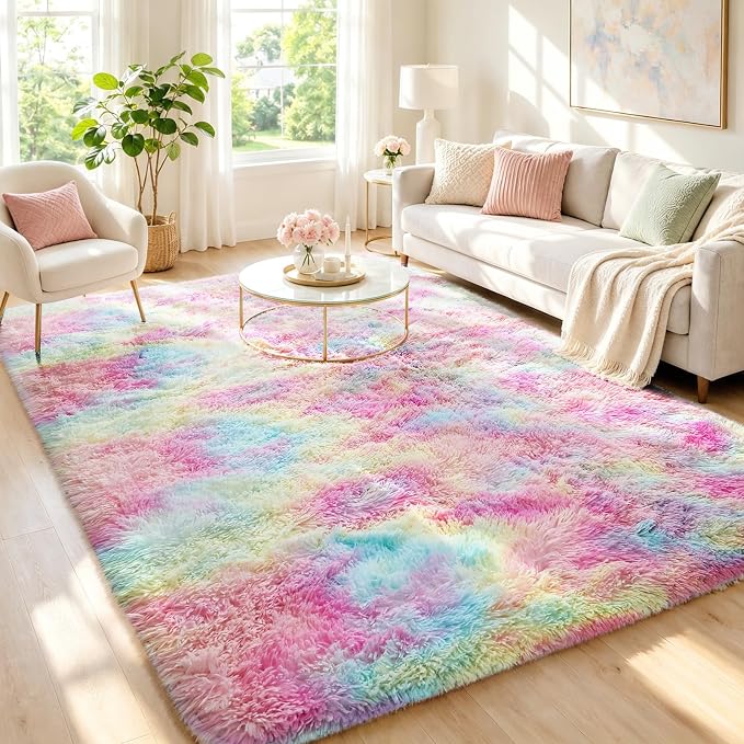 Ophanie Rainbow Colorful Rugs for Living Room 5x8, Unicorn Fluffy Shag Fuzzy Plush Soft Carpets, Floor Shaggy Area Rugs for Bedroom, Carpet for Kids Girls Dorm Nursery Home Decor Aesthetic