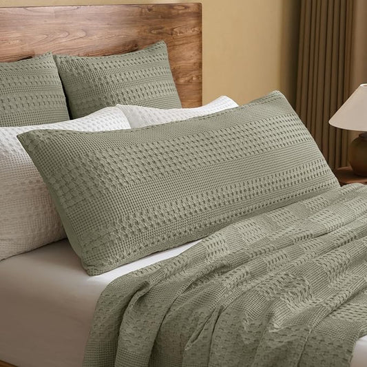 PHF 100% Cotton Waffle Body Pillowcase with Zipper, 1 Pack 20" x 54" Soft Skin-Friendly Pillow Sham, No Filling, Aesthetic Woven and Breathable Waffle Weave Body Pillow Cover for Bed, Dusty Sage
