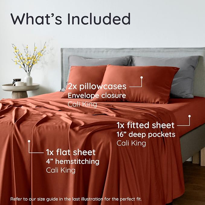 Bambaw 100% Viscose Derived from Bamboo Sheets California King Size Set – 4pcs Deep Pocket Cooling Sheets, Fits Up to 16'', Bedding for Night Sweats, Extra Soft Sheet Set (Terracotta)