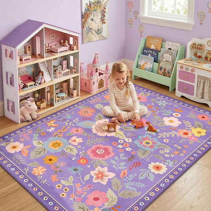 RELEANY Floral Washable 5x8 Area Rugs Purple/Pink | Flower Carpet, Print, Boho, Non-Slip, Easy to Clean, Soft, Low Pile for Living Room Bedroom Kitchen Office Entryway Hallway