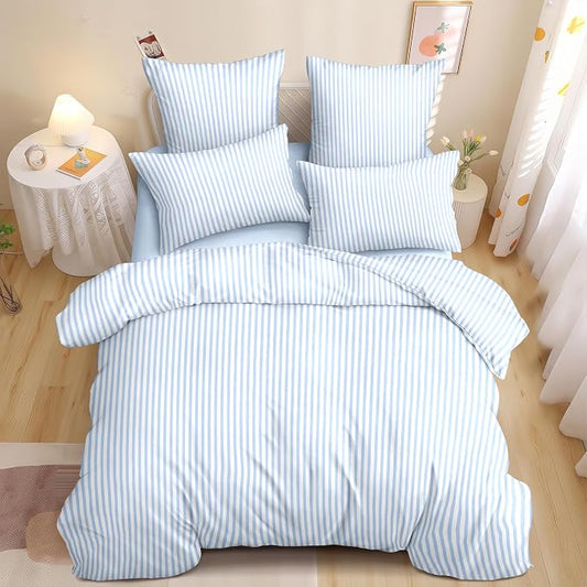 Nayoroom Blue White Striped Duvet Cover Set King | Modern Farmhouse Coastal Bedding, Soft Breathable Washed Microfiber, All-Season Comfort, Hidden Zipper, 4 Corner Ties