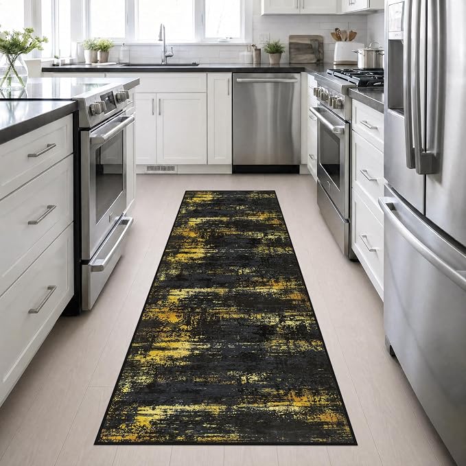 2.6x10 Washable Runner Rug:Modern Abstract Soft Carpet Black Gold | For Hallway, Bedroom, Kitchen, Laundry, Bathroom,Door Mat,Modern Abstract,Machine washable,Non-Slip,Stain Resistant,Indoor