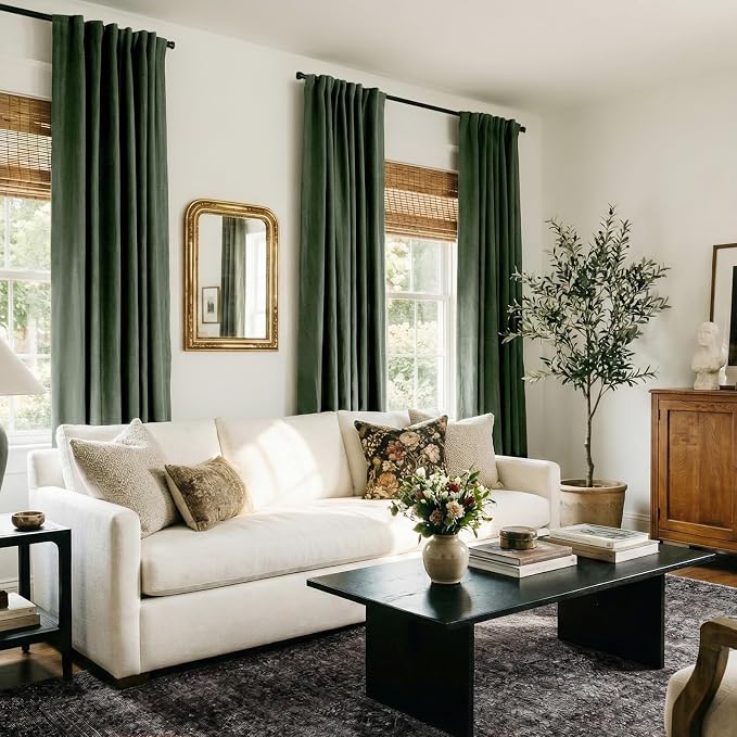 Linen Textured Total Blackout Curtains for Bedroom 96 Inches Long, Loden | 100% Blackout Shield, Back Tab/Rod Pocket Living Room Drapes, Thermal Insulated Blackout Curtains 2 Panels Set, 50"W x 96"L