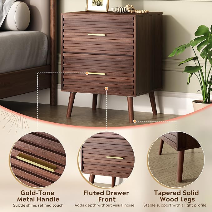 WLIVE Nightstands Set of 2, Mid Century Modern Bedside Tables with Fluted Drawers, Walnut Wood End Table with Storage for Bedroom, Accent Furniture