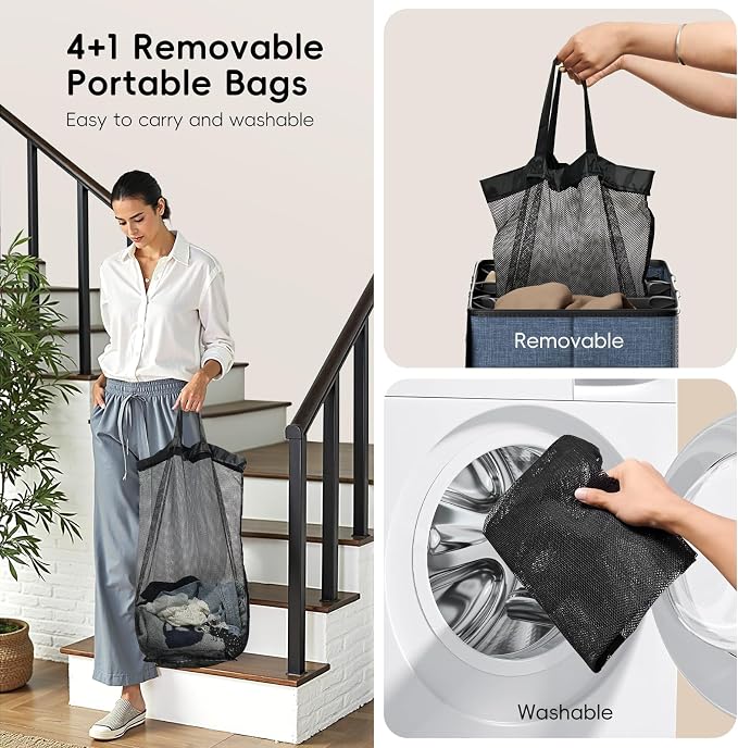 Laundry Hamper 4-Section with Lid, 185L Laundry Sorter with 4 Removable Bags + 1 Extra Large Bag, Switchable 3/4 Compartment, Laundry Basket Organizer for Bedroom, Laundry Room，Navy Bule