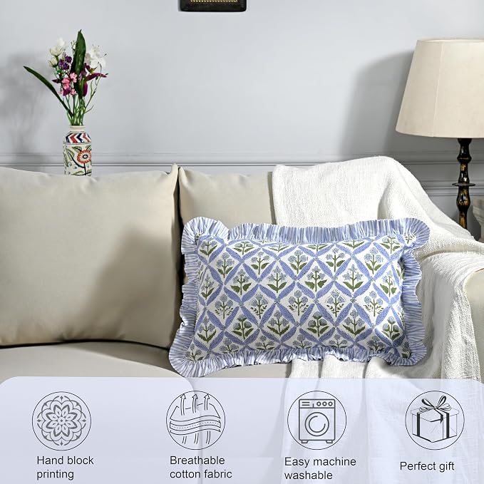 Ridhi Block Print Light Steel Blue Ruffle Lumbar Pillow Shams, 20" x 12" | 100% cotton, Floral Pillowcase, Cushion Cover, Hidden Zipper, Cottagecore Bedding, farmhouse boho style, fits couch, sofa,Bed