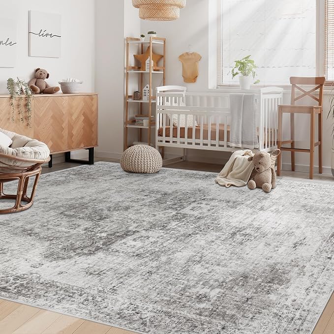 Area Rug 5x7 Washable Rug, Vintage Boho Medallion Rugs Non-Slip Soft Low Pile Large Distressed Rug Indoor Retro Carpet for Living Room Bedroom Dining Room Home Office (Grey, 5'x7')