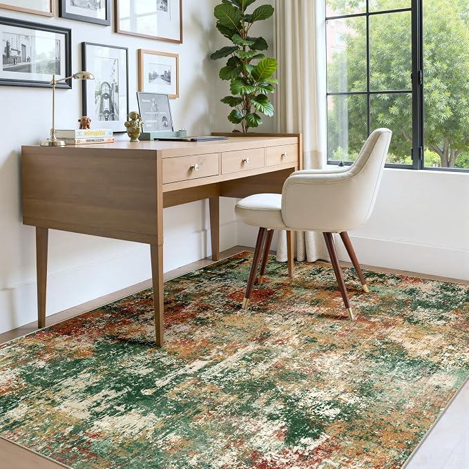 RELEANY Washable 4'x6' Abstract Area Rug for Living Room Green Multi | Carpet for Bedroom, Kitchen, Office, Hallway and Entryway, Printed Pattern, Non‑Slip, Soft, Stain‑Resistant, Easy to Clean