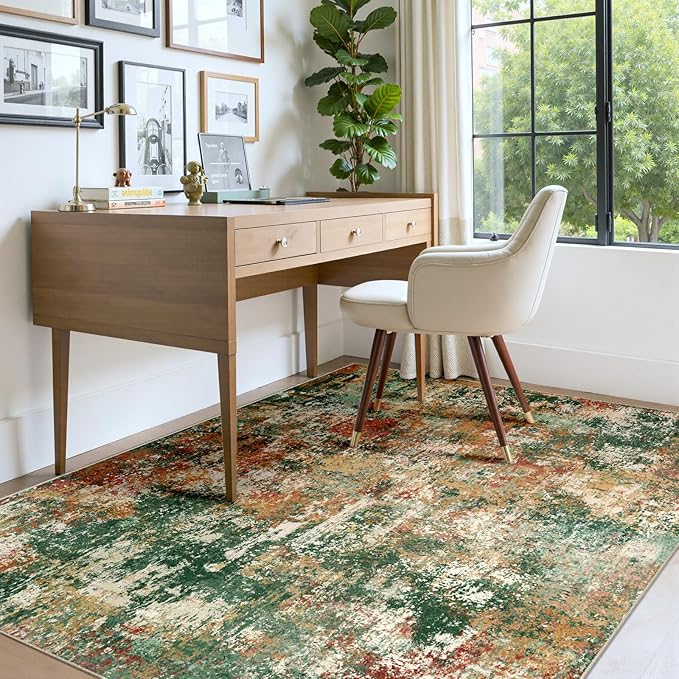 RELEANY Washable 5'x8' Abstract Area Rug for Living Room Green Multi | Carpet for Bedroom, Kitchen, Office, Hallway and Entryway, Printed Pattern, Non‑Slip, Soft, Stain‑Resistant, Easy to Clean
