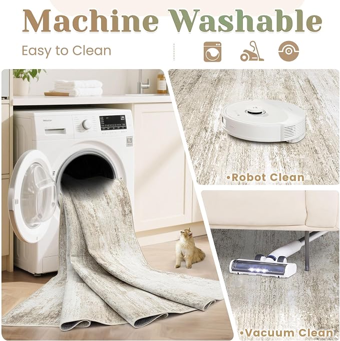 Washable 2x6 Runner Rug for Hallway: Kitchen Runner Non Slip Neutral Soft Abstract Modern Low Pile Stain Resistant Carpet Runner for Bedroom Beside Entryway Bathroom Laundry Indoor (Beige, 2'x6')