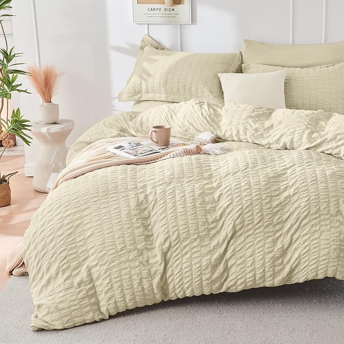 HYMOKEGE Oatmeal California King Comforter Set Seersucker 7 Pieces, All Season Luxury Bed in a Bag for Bedroom, Bedding Set with Comforter, Sheets, Pillowcases & Shams