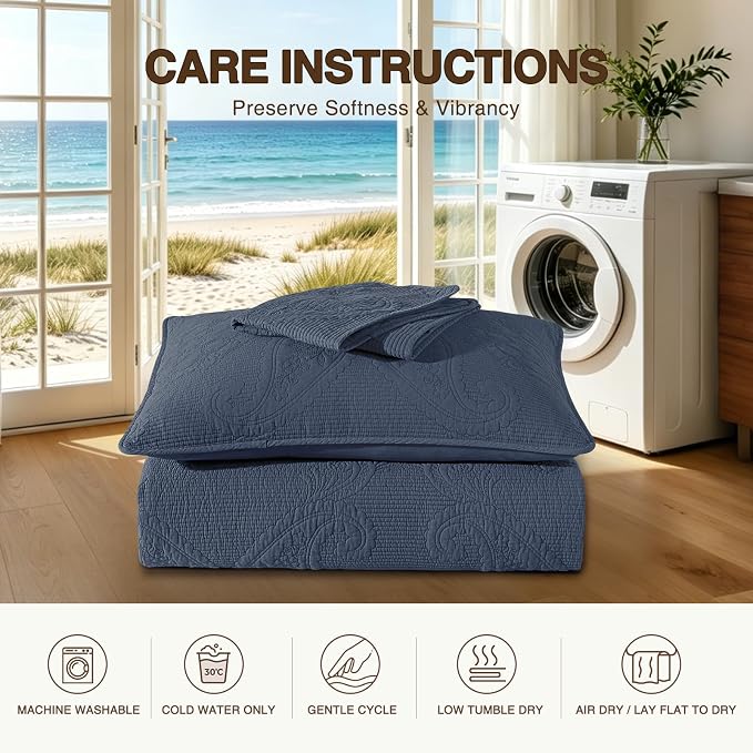 GOONE 100% Cotton Oversized King Size Quilt Set 112"x106" Dusty Blue | Oversized Coverage Bedspread Coverlet for Summer and Fall, Floral Medallion Stitch Lightweigh Bedding Set with 2 Pillow Shams