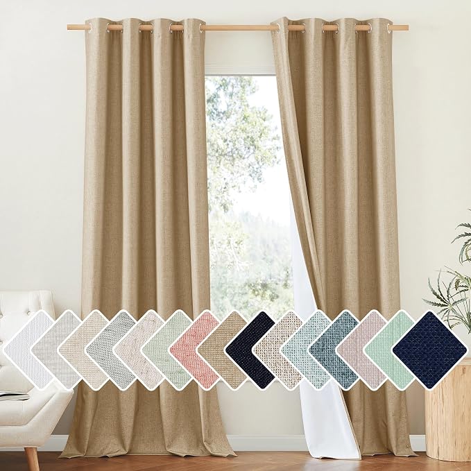 NICETOWN 100% Absolutely Blackout Linen Curtains with Thermal Insulated White Liner, Camel, W52 x L95, 2 Panels, Textured Linen Look Noise Reducing Window Treatments Drapes for Bedroom/Living Room