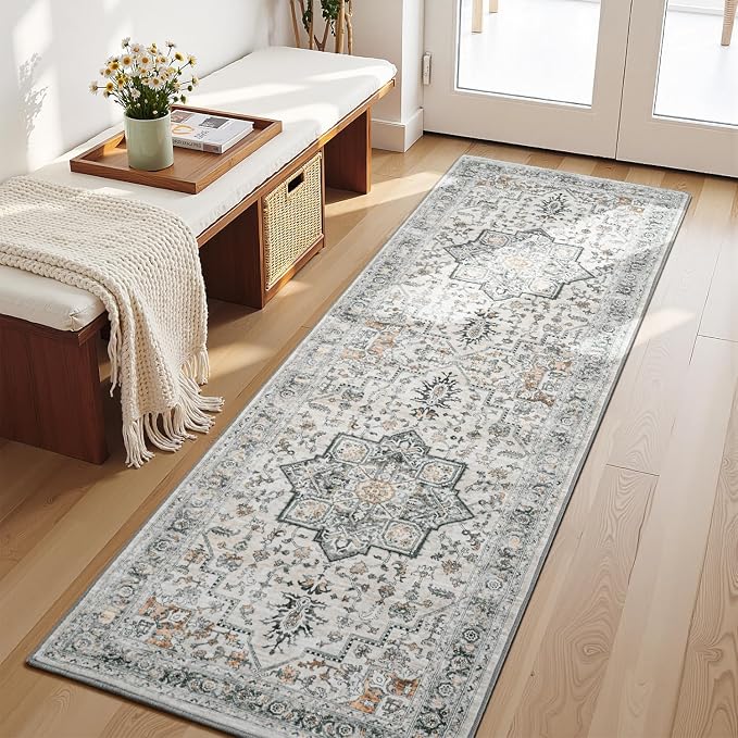 Washable 2x6 Runner Rug for Hallway Entryway, Non Slip Kitchen Area Rugs Indoor Mat for Bedroom Bathroom Laundry Farmhouse, Soft Vintage Floor Carpet Stain Resistant Low Pile, Grey/Brown