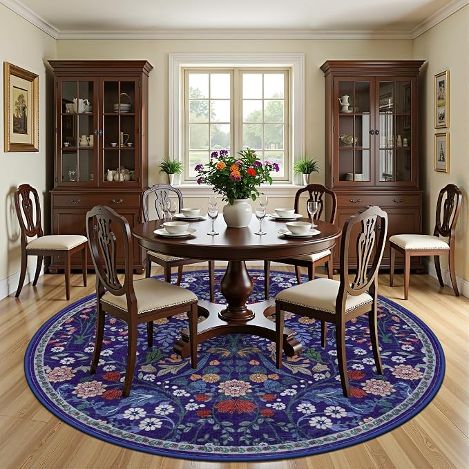 PLHXFR Round Area Rug Living Room: 8 ft Floral Washable Soft Carpet Blue | For Bedroom Dining Room Farmhouse Nursery Hallway,Vintage Floral,Machine washable,Non Slip,Stain Resistant,Large Indoor