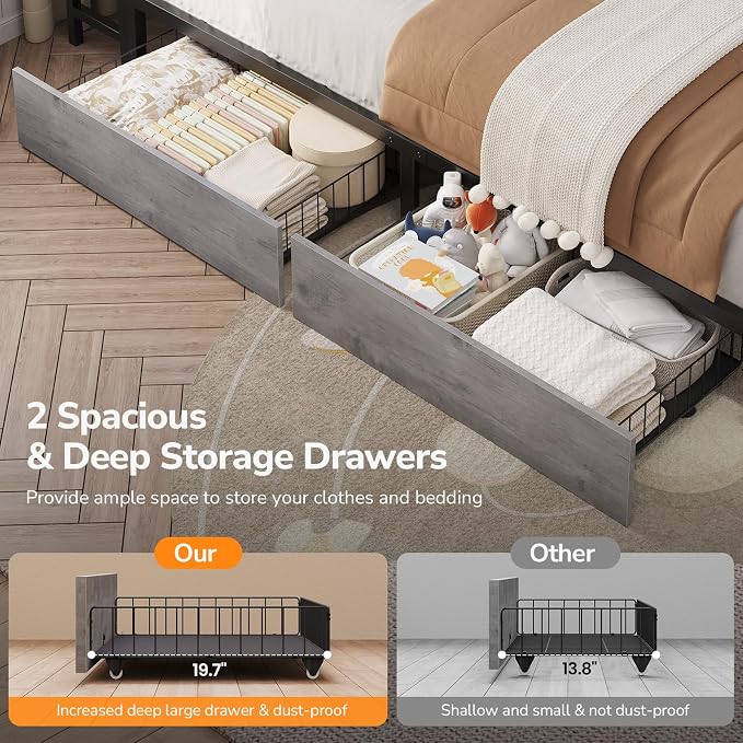 DICTAC Corner Queen Bed Frame with Storage Bookcase and 2 Drawers, Queen Size Corner Platform Bed Frame with LED Lights and Charging Station, Metal Daybed for Teens/Adult, Saving Space, Oak Gray