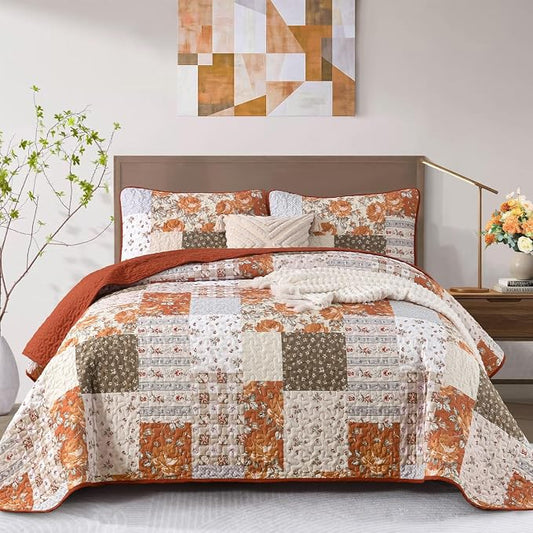 Floral Patchwork Quilt Set King Size, Terracotta Fall Bedspread Coverlet | Autumn Farmhouse Plaid Bedding Set 3 Pcs, Soft Lightweight Bed Cover for All Season, 110''x90''