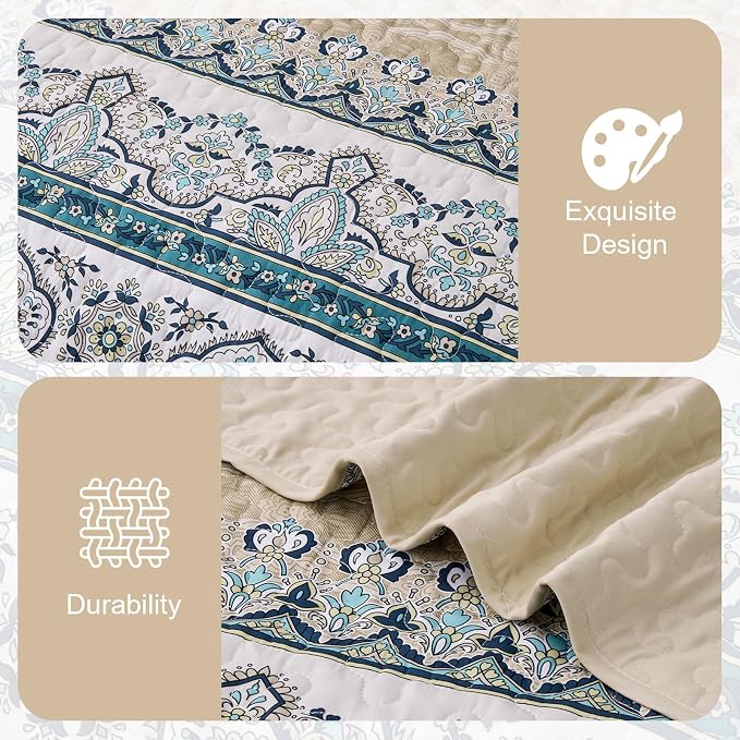 WONGS BEDDING Boho Quilt King Size,3 Pcs Bedspread Bedding Set, Blue Brown | Colorful Bohemian Striped Printed Bedding for All Season, Lightweight Microfiber Coverlet Set with 2 Pillowcases(104"x90")