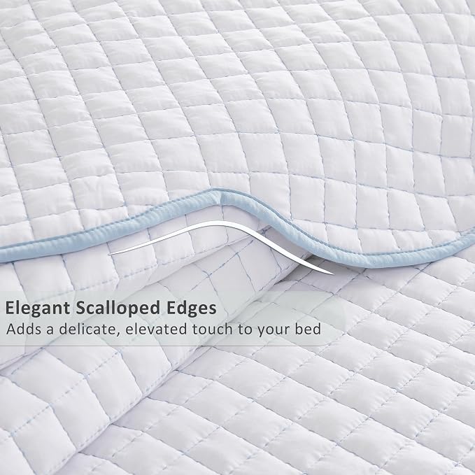 WDCOZY White Oversized California King Size Quilt Bedding Set, Cal King Scalloped Farmhouse Country Rustic Lightweight Soft Coverlet for All Season, Cute Cozy Kantha Pick Stitch Bedspread