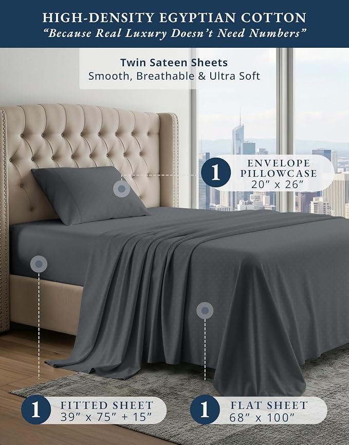 LANE LINEN Black Twin Sheets 100% Egyptian Cotton Sateen - Charcoal | 100% Cotton Twin Sheets - 3-Piece Set, Ideal For Dorms And Guest Beds, For Guests And Everyday Use, Luxe Sheen,