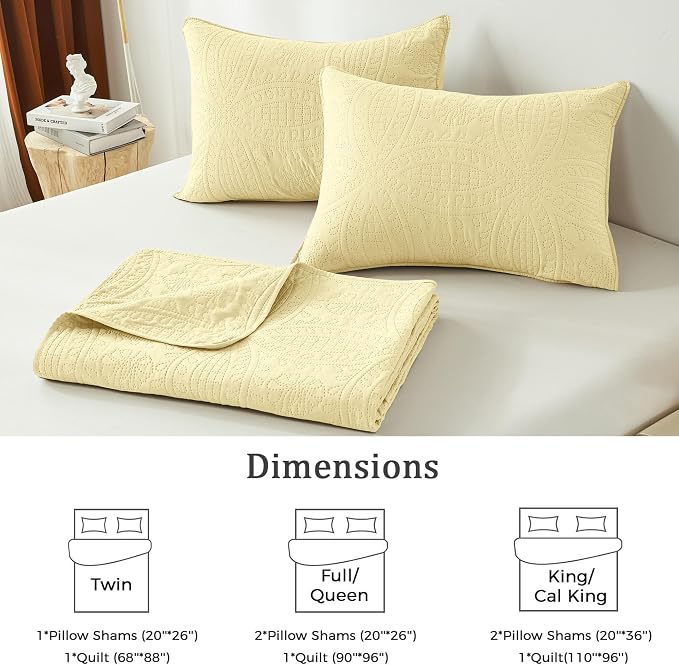 akkialla Butter Yellow Full/Queen Quilt Set,Ultrasonic Lightweight Bedspread Coverlet for Modern Minimalist Bedroom,Soft Microfiber Coin Pattern Bedding,3-Piece (1 Quilt,2 Pillow Shams)