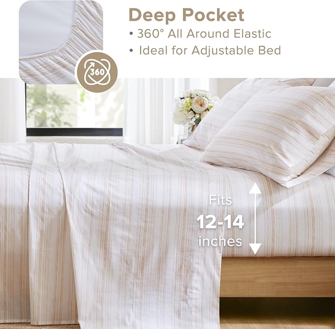 Comfort Spaces 100% Cotton Percale Sheets Twin Size 3 Pcs, Good Vibes Taupe | Crisp, Cool & Breathable Bed Sheets, 12" Deep Pocket Fits Up to 14" Mattress, Lightweight, All Season Cozy, with Pillow Case