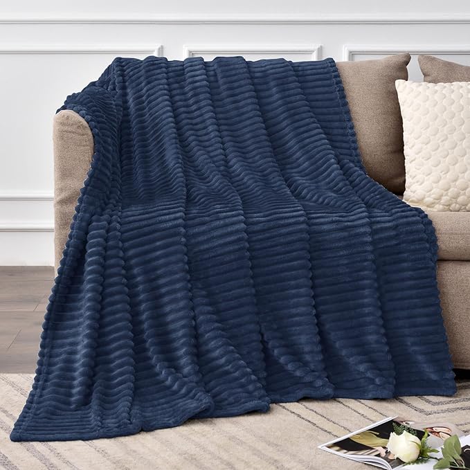 BEDELITE 3D Ribbed Navy Blue Fleece Throw Blanket for Couch, 50x60 Inch | Soft Warm Decorative Fluffy Blanket, Cozy Plush Lightweight Fuzzy Throw Blanket for Bed Sofa Home Room Decor, Gift for Women