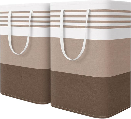 WOWBOX 2 Pack Laundry Baskets, Collapsible Dirty Clothes Laundry Hampers | with Reinforced Handles, Waterproof Coating, 2 Pack for Clean & Dirty Clothes, for Bedroom, Bathroom, Dorm (75L Khaki)