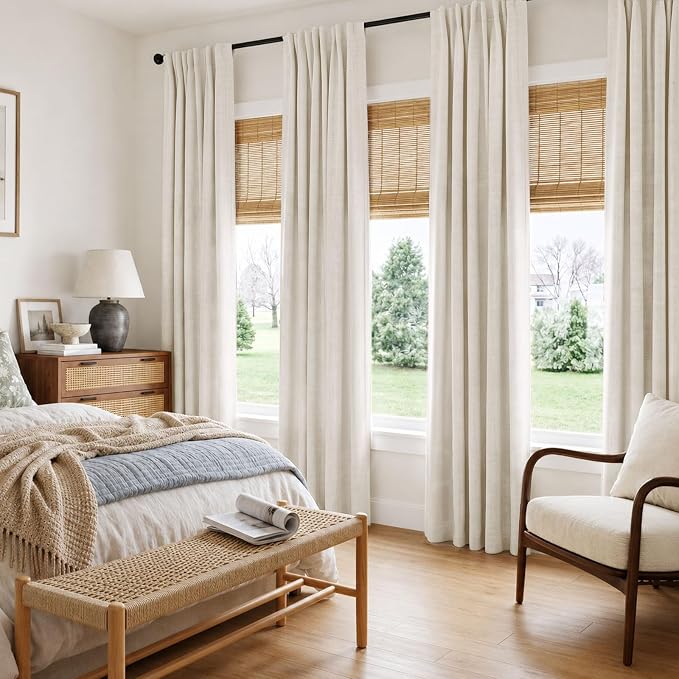 INOVADAY 100% Blackout Linen Curtains for Bedroom 42x90 Inches Cream | Linen Textured, Light Blocking, Room Darkening, Thermal Insulated, Back Tab Top, Window Curtains for Living Room, 4 Panels