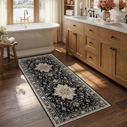 RELEANY Washable Area Rug, Runner 2'6"x5', Black/Neutral | Non-Slip, Water Repellent, Pet Friendly, Easy to Clean, Vintage Floral Boho Decor for Kitchen Entry Bedroom Bedside Laundry