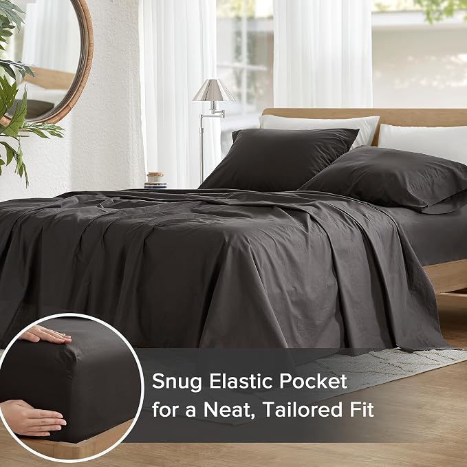 Comfort Spaces 100% Cotton Percale Sheets Cal King Sheet Set 4 Pcs, Black | Crisp, Cool & Breathable Bed Sheets, 14" Deep Pocket Fits Up to 16" Mattress, Lightweight, All Season Cozy, with Pillow Case