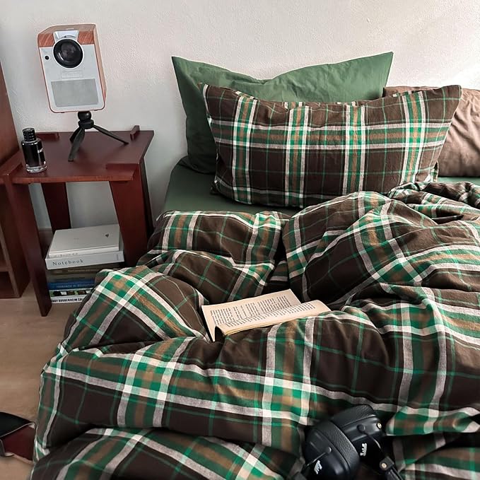 LifeTB Brown Green Plaid Comforter Set Full Size, 3 Pieces Vintage Checkered Pattern Comforter Buffalo Plaid Gingham Comforter Set with 2 Pillowcases, Soft Farmhouse Grid Bedding Set for All Seasons