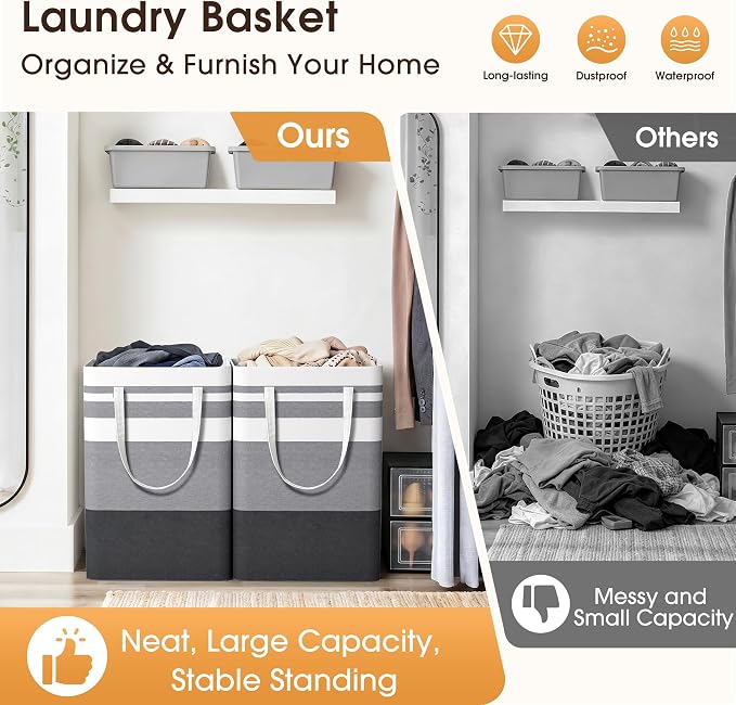 HomeHacks 2 Pack Large Laundry Baskets, Laundry Hampers Bags (Grey 75Lx2) | Waterproof, Freestanding, Collapsible Clothes Hamper with Reinforced Handles in Laundry Room, Dorm, Bathroom, Bedroom