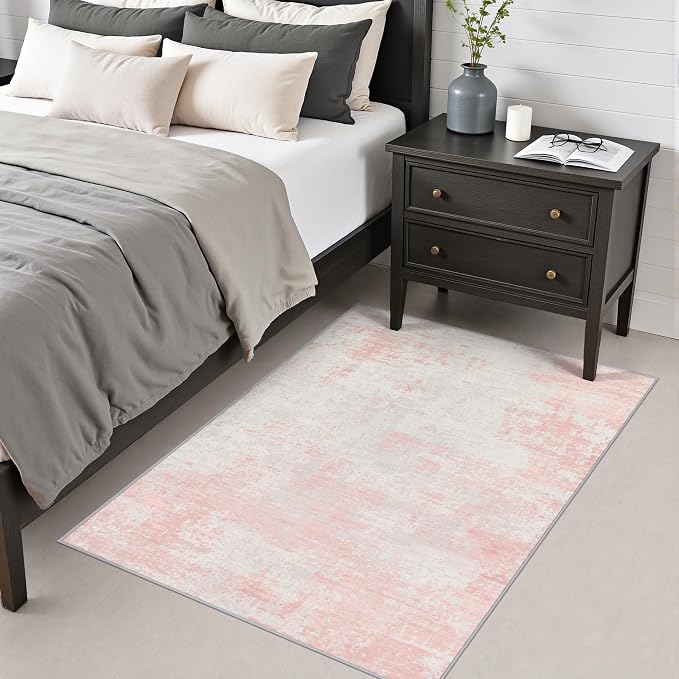 Area Rug Living Room: 3x5 Modern Washable Soft Carpet Pink White | For Hallway, Bedroom, Kitchen, Laundry, Bathroom,Door Mat,Modern Abstract,Machine washable,Non-Slip,Stain Resistant,Indoor