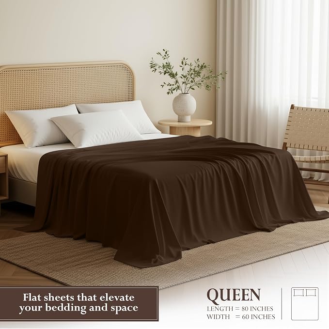 Queen Size Flat Sheet Only, Ultra Soft & Breathable Hotel Sheets, Brown | Hotel Bedding, Cooling Comfort, Smooth Feel, Wrinkle & Fade Resistant, Easy Care, Long-Lasting, Machine Washable, OEKO-TEX