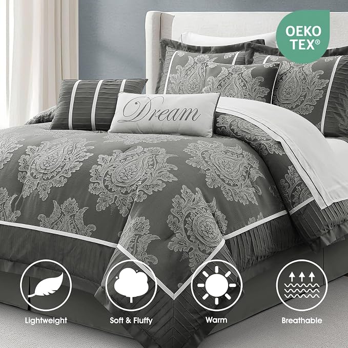 Grey California King Comforter Set, 15 Pieces, Damask Jacquard Woven, Bedding Set with Sheets, Room in a Bag, Comforter, Bed Skirt, Pillow Shams and Decor Pillows, Curtains