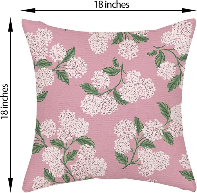 Pink Pillow Covers 18x18 Inch 2 Pcs Preppy Pink Green Hydrangea Flower Decor Throw Pillows Vintage Floral Seasonal Spring Summer Outdoor Decoration Pillowcase Linen Cushion Cover for Couch Sofa