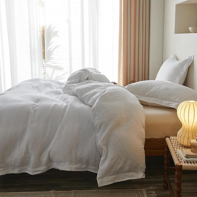 Simple&Opulence 100% Linen Duvet Cover Set with Crossed Embroidery Washed - 3 Pieces (1 Duvet Cover with 2 Pillow Shams) Soft Breathable Farmhouse - White, Queen Size
