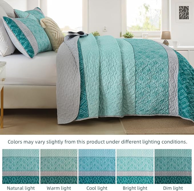 Cottolester Teal Quilt Set Full Size,3 Pieces Boho Striped Plaid Bedspread | Soft Microfiber Quilt for Teens Boys Adults,Ultra Soft Summer Lightweight Coverlets Set 78"x90"