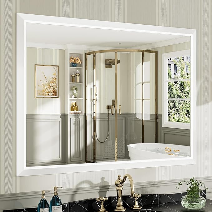 Bathroom Wall Mirror, White Metal Frame, 48x36 Inch | Anti-rust, HD tempered glass, for bathroom vanity, bedroom, living room, horizontal or vertical mount