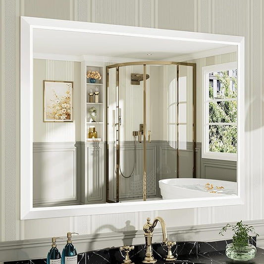 Bathroom Wall Mirror, White Metal Frame, 48x36 Inch | Anti-rust, HD tempered glass, for bathroom vanity, bedroom, living room, horizontal or vertical mount