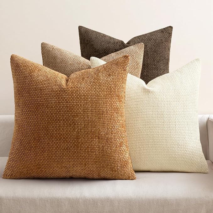 MIULEE Decorative Chenille Fall Euro Pillow Covers Brown 22x22 Pack of 4 | Rustic Home Decor, Layered Brown Collection, Couch Throw Pillows, Farmhouse Boho Cushion Covers for Sofa Bed Living Room