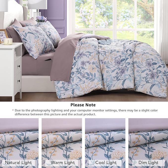 Queen Comforter Set - 7 Pieces Soft Floral Bed in a Bag Queen Bedding Sets | Purple Botanical Flowers Comforter Set with Sheets, Pillowcases & Shams for All Seasons