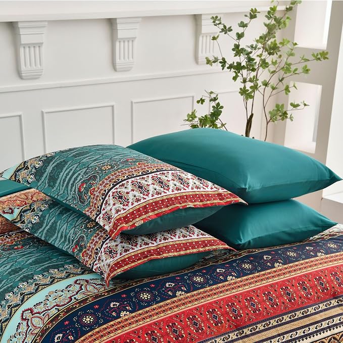 Cottolester Boho Full Size Comforter Set 8 Pieces,Green and Brown Bohemian Striped Bed in a Bag,Floral Soft Microfiber Bedding Comforter Set