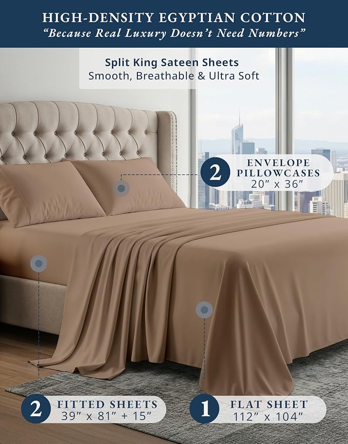 LANE LINEN Split King Sheet Set 100% Egyptian Cotton Sateen - Taupe | Split King Sheet Sets Adjustable Bed - 5-Piece Set, For Guests And Everyday Use, For A Silky Hotel-Style Bed, Plush
