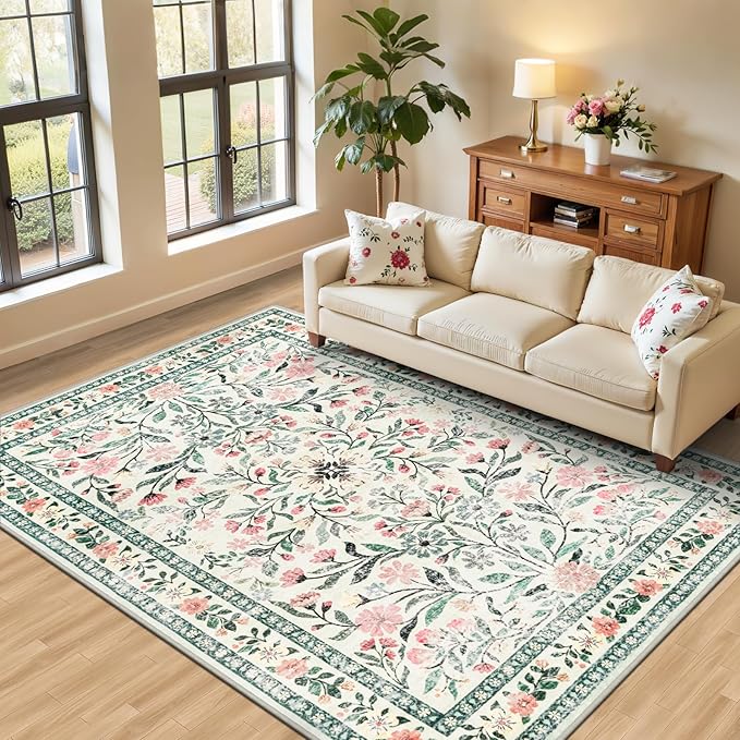 PLHXFR 6x9 Area Rug Living Room: Floral Washable Boho Carpet Green Beige | For Bedroom Dining Room Farmhouse Nursery Hallway,Vintage Floral,Machine washable,Non Slip,Stain Resistant,Large Indoor
