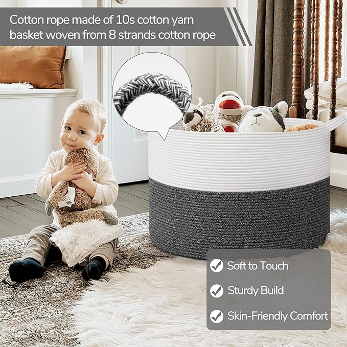 INDRESSME 115L Extra Large Woven Rope Blanket Basket Living Room | 23.6" x 15.7" Storage baskets for toys laundry & pillows. Fits living room, bedroom or nursery décor. Soft-touch with handles