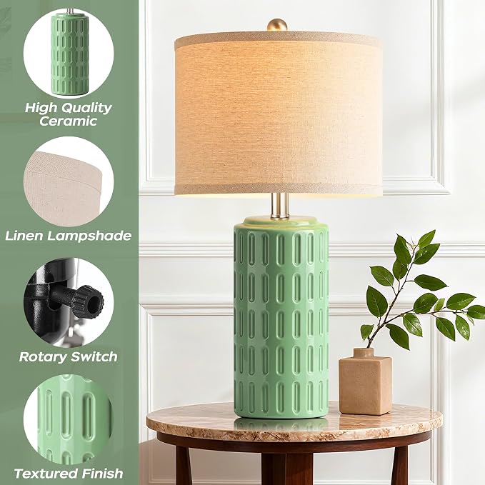 23" Farmhouse Modern Ceramic Table Lamp Set of 2 - Sage Green Bedside Lamps for Bedroom & Living Room, Nightstand, Desk, End Table