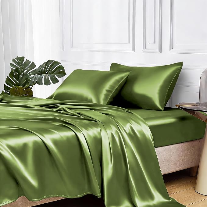 MR&HM Satin Sheets Twin Size with Elastic Corner Straps, Sage | Similar to Silk, 3-Piece Silky Soft Bed Sheet Set, Gentle on Skin and Hair, 15" Deep Pocket, Cooling & Breathable