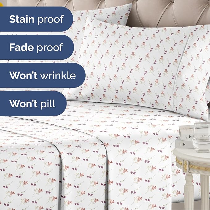 Queen 4 Piece Floral Sheet Set - Soft, Breathable & Cooling - Autumn Posy | 1 Flat, 1 Fitted & 2 Pillowcases w/ Deep Pockets, Boho Botanical Floral Bedding, Breathable & Cooling, Wrinkle & Fade Free